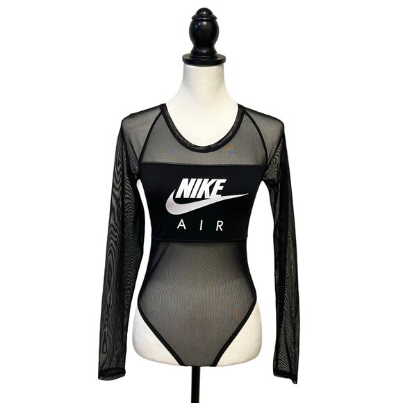 NIKE Air Long Sleeve Mesh Bodysuit Graphic Top Sheer Logo Nude Illusion Athletic - Picture 7 of 12